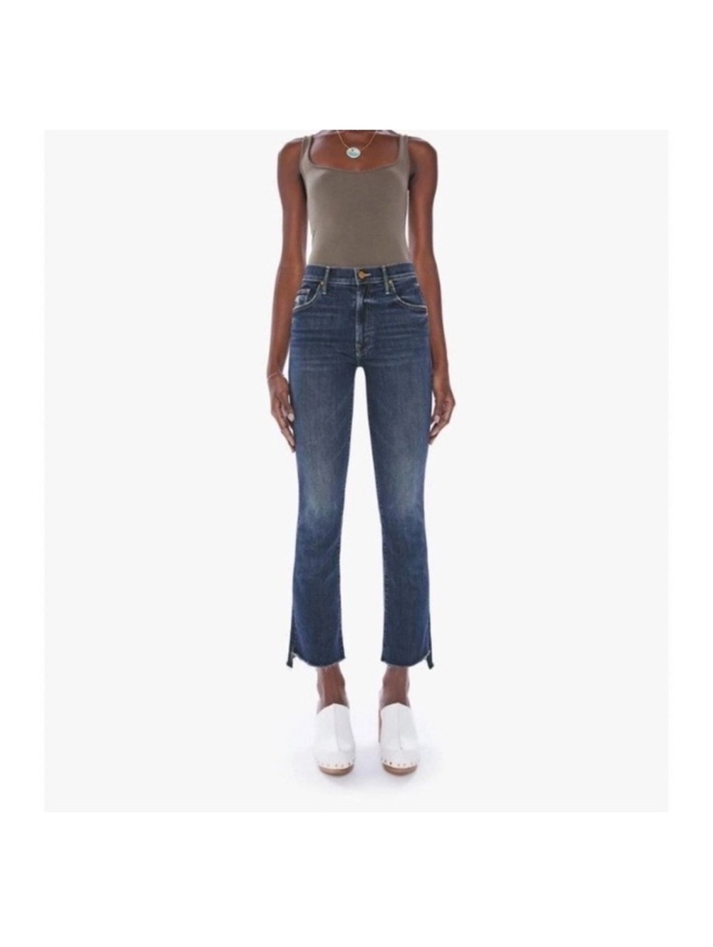 mother denim Insider crop step fray in teaming up dark distressed blue 27